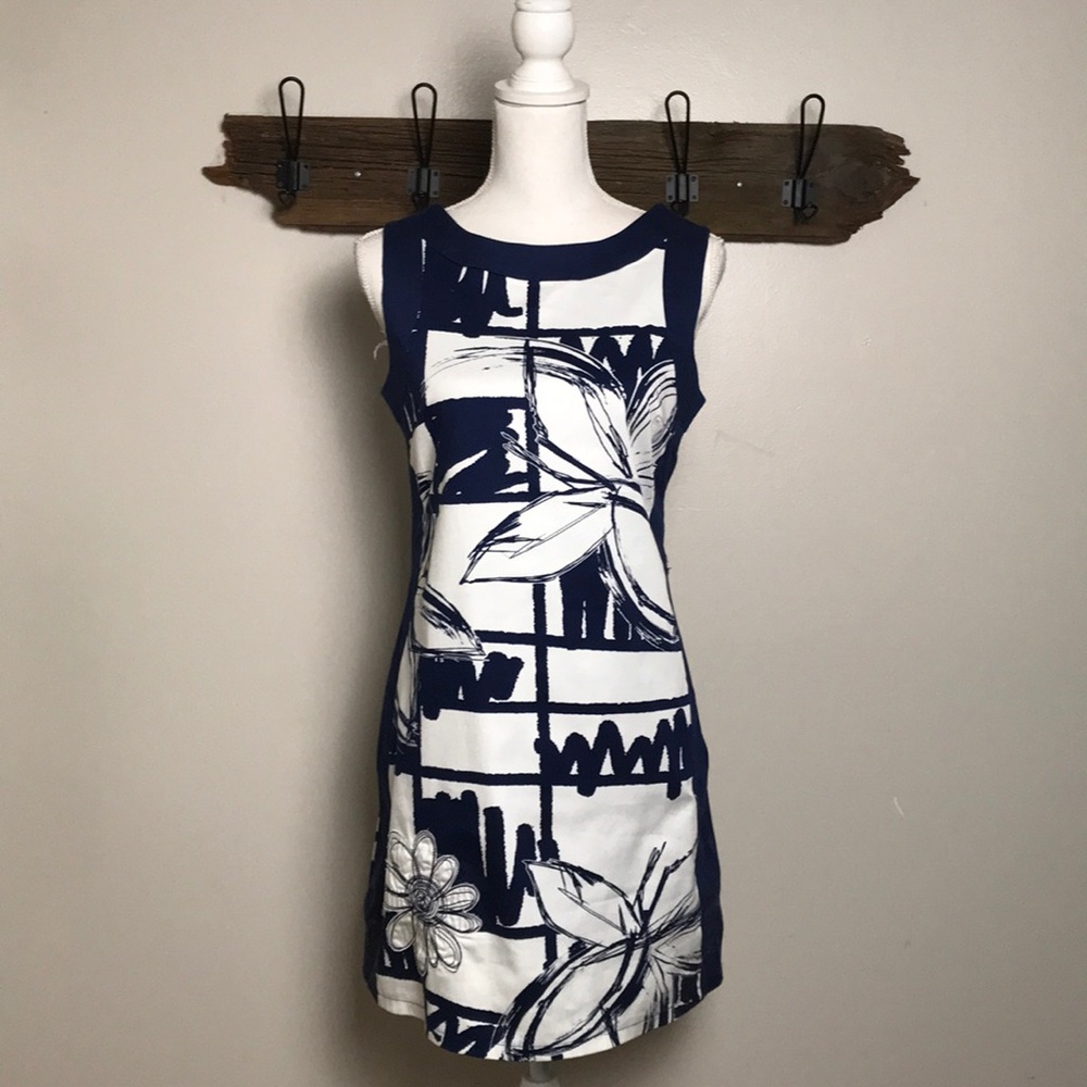 Desigual Sheath Dress Floral Navy and White EUC